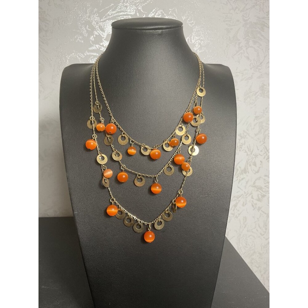 Multi-Layer Gold & Orange Beaded Necklace With Lobster Clasp